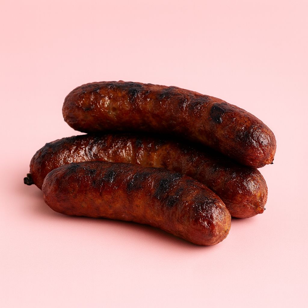 Local wild venison and pork belly sausages (6 per pack, c 500g)