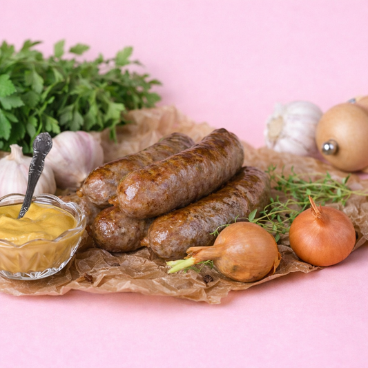 Wild venison and pork belly sausages (6 per pack, c 500g)